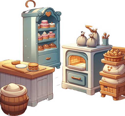 Cartoon bluno background of a bakery.
Single Game Texture. In-Game asset. 2d. Blank background. High contrast. No shadows.