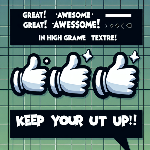 Words:
Great!
Awesome!
Keep it up!

(in nice white cartoon font with no background).
Single Game Texture. In-Game asset. 2d. Blank background. High contrast. No shadows.