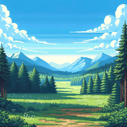 pixelart. A beautiful bue sommer sky without a cloud in the sky above the treetops of a forest and distant mountains. The foreground should be an grassy clearing..
Single Game Texture. In-Game asset. 2d. Blank background. High contrast. No shadows.