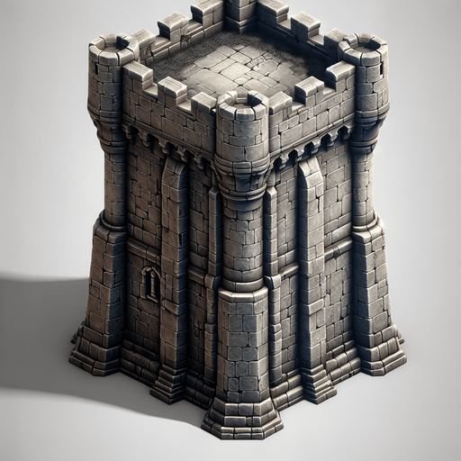 a medieval style stone tower. top down view. Single Game Texture. In-Game asset. 2d. Blank background. High contrast. No shadows.