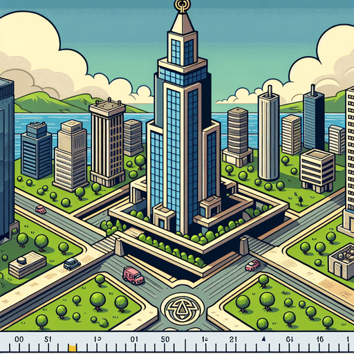 make a city with a sky scaper and a triskelion.
Single Game Texture. In-Game asset. 2d. Blank background. medium contrast. No shadows. cartoony. birdside view. full body. not facing the camera