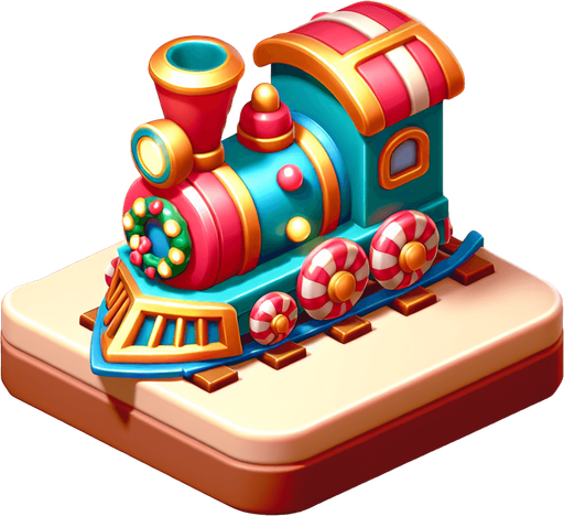 A christmas Miniature Train. Plastic style Single Game Texture. In-Game asset. 2d. Blank background. High contrast. No shadows.