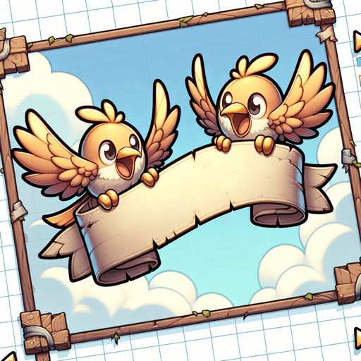 Create a cartoon-style illustration of two birds holding an empty banner by their feet. The goal is to capture a lively and playful location..
Single Game Texture. In-Game asset. 2d. Blank background. High contrast. No shadows.