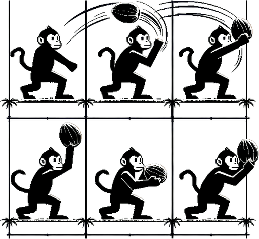 Peux tu créer une image composées de quatre parties égales : le mouvement décomposé d'un singe qui balance une noix de coco vers le bas?.
Single Game Texture. In-Game asset. 2d. Blank background. High contrast. No shadows.