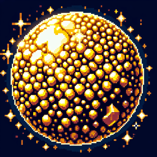 pixel art of a planet made of gold ore.
Single Game Texture. In-Game asset. 2d. Blank background. High contrast. No shadows.