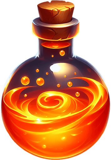 potion magique orange.
Single Game Texture. In-Game asset. 2d. Blank background. High contrast. No shadows.