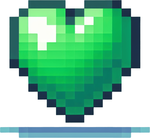 Pixel art heart green
Single Game Texture. In-Game asset. 2d. Blank background. High contrast. No shadows.