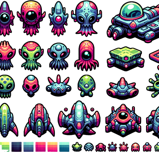 Sprite sheet of different Enemy Boss spaceship, alien looking. Vibrant colors. Cartoon feeling. 4 sprites per sprite sheet.
Single Game Texture. In-Game asset. 2d. Blank background. High contrast. No shadows.