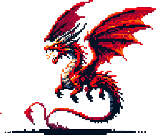 A flying red dragon breathing fire. side view. enemy character in a game. pixelart..
Single Game Texture. In-Game asset. 2d. Blank background. High contrast. No shadows.