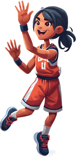 Create a cartoon-style illustration of a basketball player in a shooting pose with hands raised in the air. This character should not be holding a basketball. Emphasize the cartoonish features, exaggerate expressions, and ensure the absence of a basketball in the scene. The goal is to capture a lively and playful cartoon character ready to shoot, with a focus on dynamic and exaggerated elements.