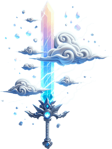 Magical elemental crystal sword made of clouds and lightning..
Single Game Texture. In-Game asset. 2d. Blank background. High contrast. No shadows.