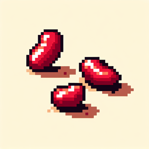 pixel art of three red beans.
Single Game Texture. In-Game asset. 2d. Blank background. High contrast. No shadows.