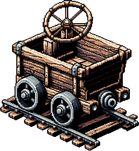 pixel art miner wagoon steering top.
Single Game Texture. In-Game asset. 2d. Blank background. High contrast. No shadows.