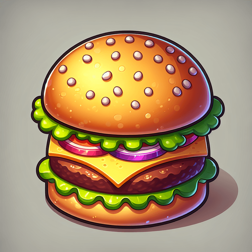 tasty burger.
Single Game Texture. In-Game asset. 2d. Blank background. High contrast. No shadows.