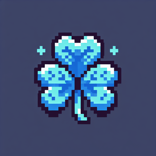 pixel art of a 4 leaf sky blue clover..
Single Game Texture. In-Game asset. 2d. Blank background. High contrast. No shadows.