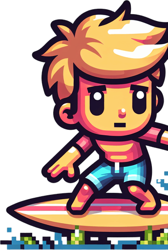 8 bit. cartoon. surfer. ingame asset. surfing. no surfboard. Single Game Texture. In-Game asset. 2d. Blank background. High contrast. No shadows.