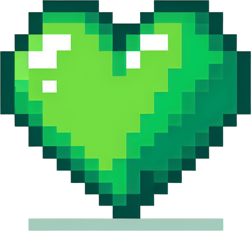 Pixel art heart green
Single Game Texture. In-Game asset. 2d. Blank background. High contrast. No shadows.