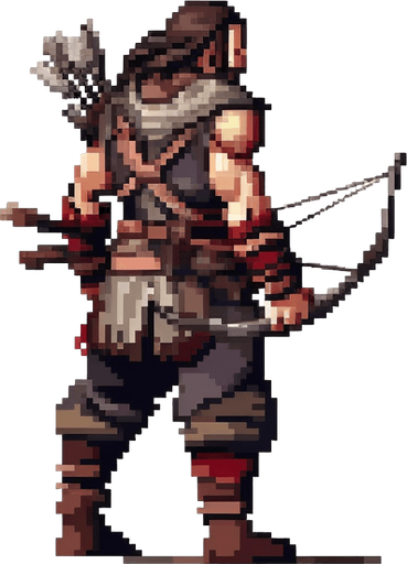 Heroic archer walking to the right.
Game Texture. In-Game asset. 2d. Pixelart. White background. Blank background. Low detail. High contrast.