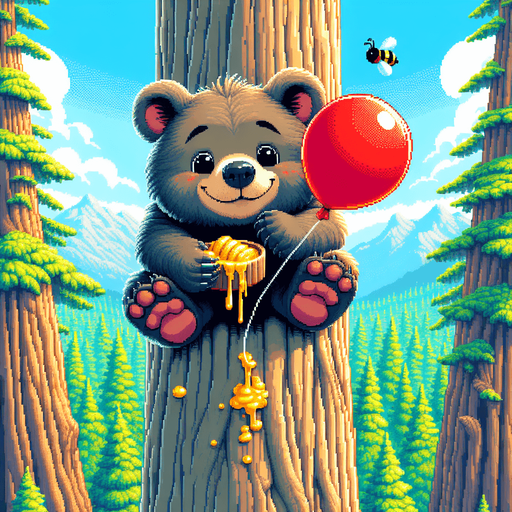 pixel art. a full screen illustration. a likeable and very content little bear cub with a punctured and deflated red baloon is looking down from an incredibly tall redwood tree, inspecting where to get a foothold in order to climb down. The baloon has a puncture in it, from a bee sting, where air is visible flowing out of it, deflating it. the bear's face and fur is smeared a bit with all the delicious golden yellow honey he just ate, which he is enjoying and feeling satiated from. The picture should adhere to the bear's perspective, looking down the tall tree trunk towards the green meadow beneath him. It's a bright summer day with a clear blue sky. Mountains in the distance..
Single Game Texture. In-Game asset. 2d. Blank background. High contrast. No shadows.