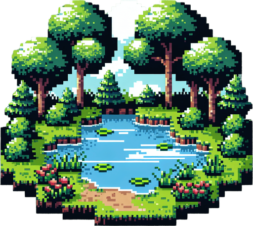 background of a pond in the middle of the nature. pixelated 8-bit.
Single Game Texture. In-Game asset. 2d. Blank background. High contrast. No shadows.