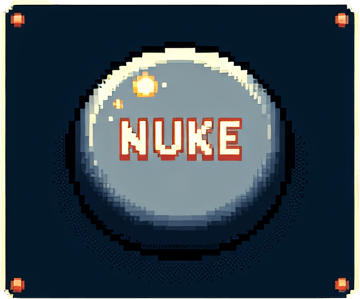 a button with text that says "nuke".
Single Game Texture. In-Game asset. 2d. Blank background. High contrast. No shadows. pixelated