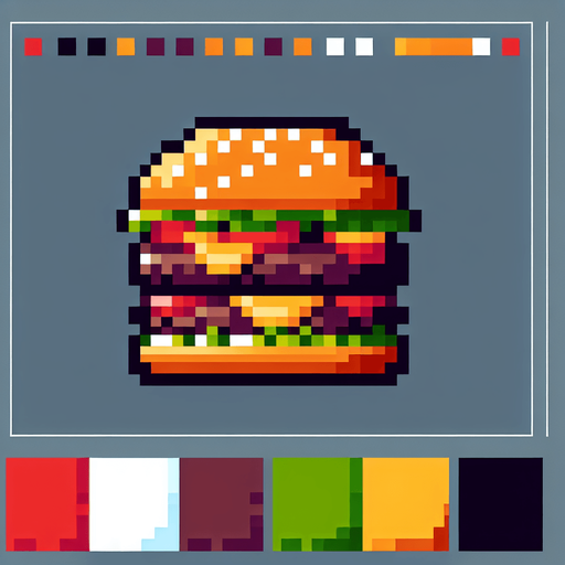 hamburger. pixelated. 8-bit.
Single Game Texture. In-Game asset. 2d. Blank background. High contrast. No shadows.