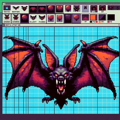 evil large flying bat, front view, I want the art style to reflect a classic 16-bit retro pixel art aesthetic, reminiscent of early 1990s RPGs with vibrant colors..
Single Game Texture. In-Game asset. 2d. Blank background. High contrast. No shadows.