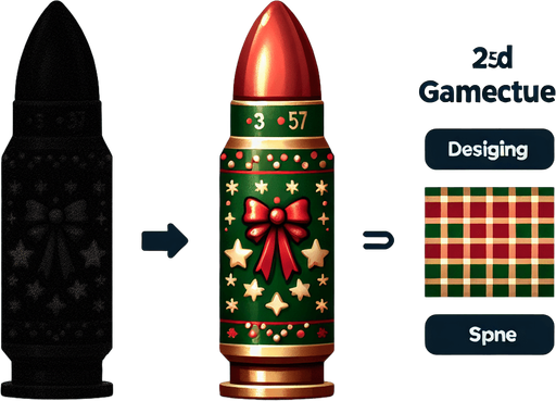 2d christmas 357 Magnum bullets Single Game Texture. In-Game asset. 2d. Blank background. High contrast. No shadows.