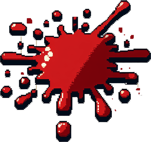 8 bit blood spatter. cartoon. Single Game Texture. In-Game asset. 2d. Blank background. High contrast. No shadows.