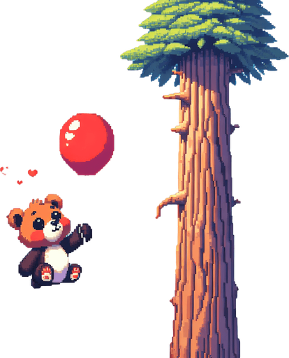 pixel art. a full screen illustration. a likeable and very satiated and content little bear cub with a red baloon is flying away from an incredibly tall redwood tree at considerable height. It's a bright summer day with a clear blue sky. Forest covered mountains in the distance. The overall feel should be happy complacency, even in a place of peril..
Single Game Texture. In-Game asset. 2d. Blank background. High contrast. No shadows.