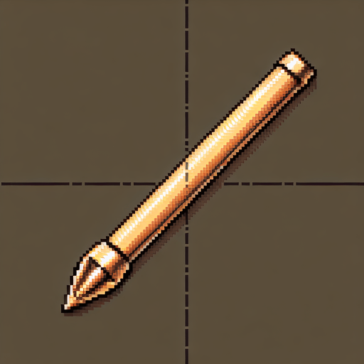 a straight crossbow bolt made of gold. top down view. pixelart. bolt only, crossbow not included. vertical display, from bottom to top. Single Game Texture. In-Game asset. 2d. Blank background. High contrast. No shadows.