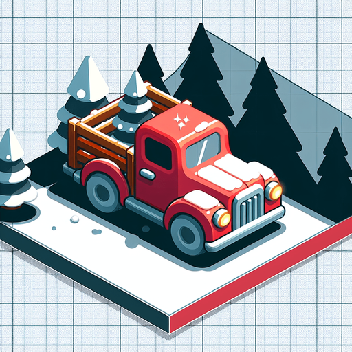 2d diagonal christmas car or truck in snow Single Game Texture. In-Game asset. 2d. Blank background. High contrast. No shadows.