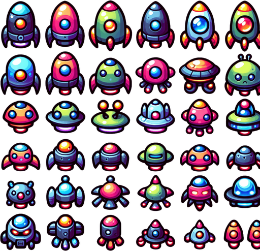 Sprite sheet of different Enemy spaceship, alien looking. Vibrant colors. Cartoon feeling. 4x4 sprite sheet..
Single Game Texture. In-Game asset. 2d. Blank background. High contrast. No shadows.