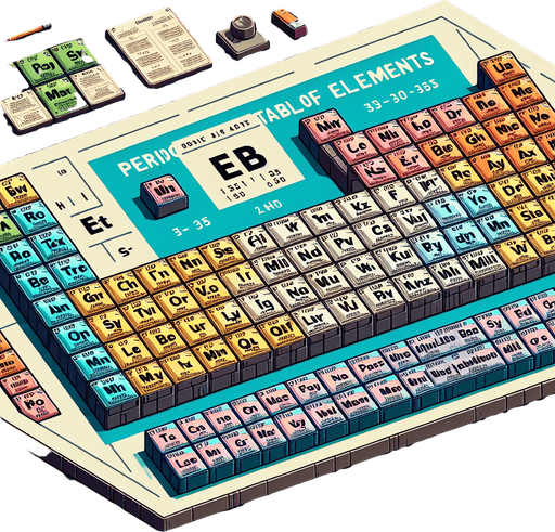 The periodic table of the elements..
Single Game Texture. In-Game asset. 2d. Blank background. High contrast. No shadows.