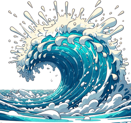 create a cartoon-style illustration of a wave crash, front view.
Single Game Texture. In-Game asset. 2d. Blank background. High contrast. No shadows.