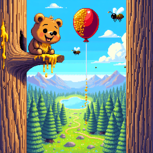 pixel art. a full screen illustration. a likeable and very content little bear cub with a punctured and deflated red baloon is looking down from an incredibly tall redwood tree, inspecting where to get a foothold in order to climb down. The baloon has a puncture in it, from a bee sting, where air is visible flowing out of it, deflating it. the bear's face and fur is smeared a bit with all the delicious golden yellow honey he just ate, which he is enjoying and feeling satiated from. The picture should adhere to the bear's perspective, looking down the tall tree trunk towards the green meadow beneath him. It's a bright summer day with a clear blue sky. Mountains in the distance..
Single Game Texture. In-Game asset. 2d. Blank background. High contrast. No shadows.