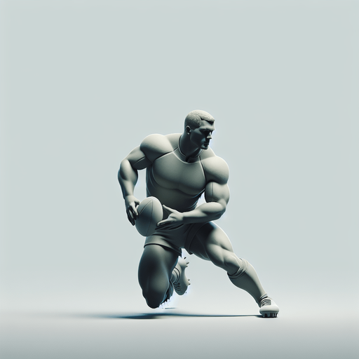 Joueur de rugby avec un charure musclé et qui a la balle 
Il attaque.
Single Game Texture. In-Game asset. 3d. Blank background. High contrast. No shadows.