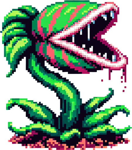 Head of a carnivorous plant, mouth open at top, pixel art
Single Game Texture. In-Game asset. 2d. Blank background. High contrast. No shadows.