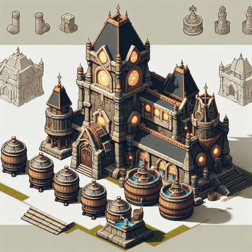 A brewery in a fantasy rts style.
Single Game Texture. In-Game asset. 2d. Blank background. High contrast. No shadows.