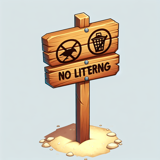 Create a cartoon-style illustration of a wooden no feeding and no littering sign on a sandy stake..
Single Game Texture. In-Game asset. 2d. Blank background. High contrast. No shadows.