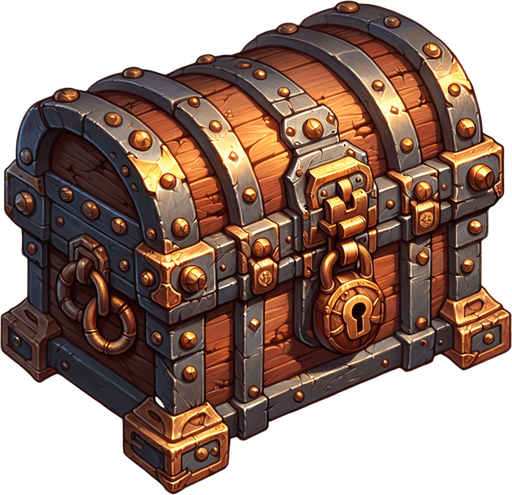 treasure chest.
Single Game Texture. In-Game asset. 2d. Blank background. High contrast. No shadows.