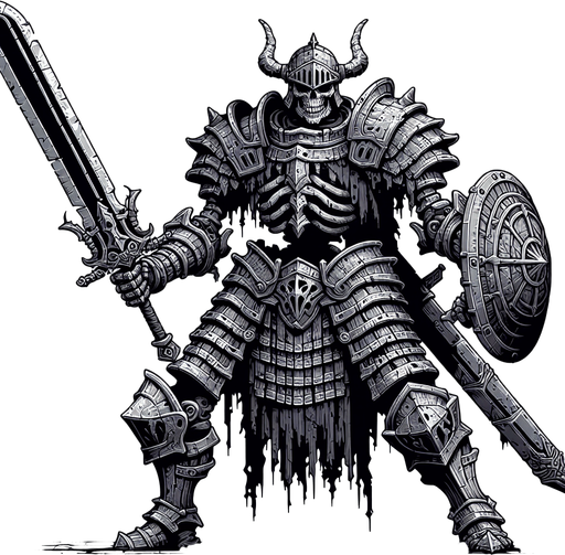 giant armored skeleton with a great sword.
Single Game Texture. In-Game asset. 2d. Blank background. High contrast. No shadows.