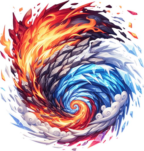 Tornado of chaotic elemental energy with bands of fire, ice, and stone..
Single Game Texture. In-Game asset. 2d. Blank background. High contrast. No shadows.