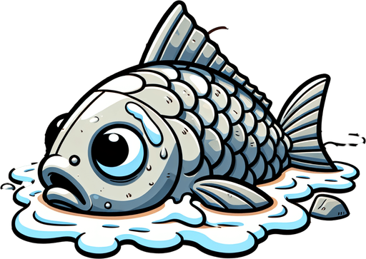 create a cartoon-style illustration of a fish ashore, front view.
Single Game Texture. In-Game asset. 2d. Blank background. High contrast. No shadows.