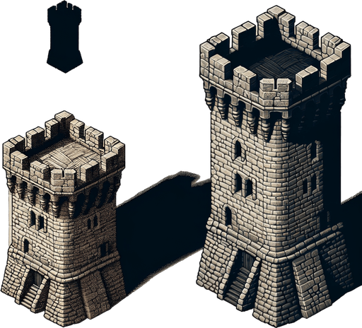 a medieval style stone tower. top down view. Single Game Texture. In-Game asset. 2d. Blank background. High contrast. No shadows.