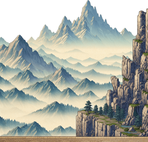 a tileable japanees ninja game landscape background with montains far and cliff edge in the foreground.