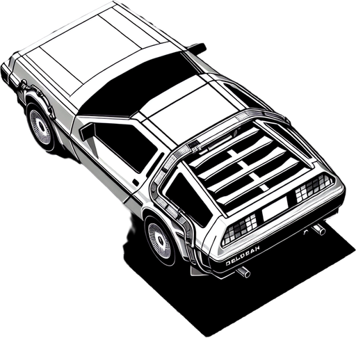 DeLorean car, seen from behind

Top-down, gta2, Single Game Texture. In-Game asset. 2d. Blank background. High contrast. No shadows.isometric