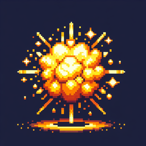 golden radial liquid cartoony puffed explosion. pixelated. 8 bit..
Single Game Texture. In-Game asset. 2d. Blank background. High contrast. No shadows.