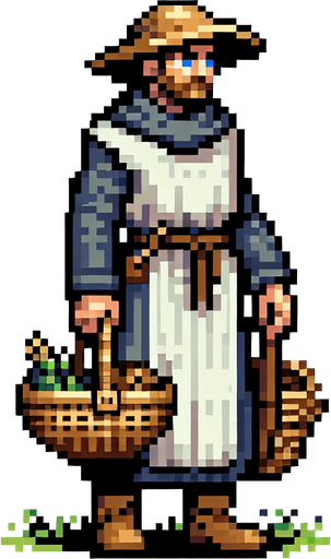 One human medieval villager in a warcraft 2 style Single Game Texture. In-Game asset. 2d. Blank background. High contrast. No shadows.