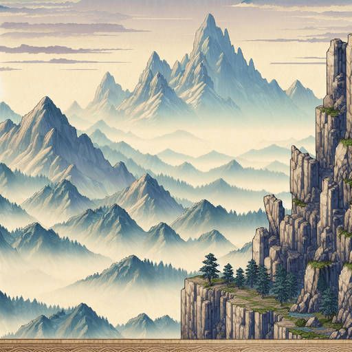 a tileable japanees ninja game landscape background with montains far and cliff edge in the foreground.